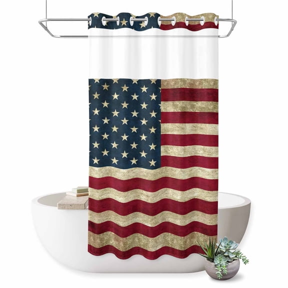 No Hook Shower Curtain, Vintage American Flag Shower Curtains for Bathroom with See Through Top Window, Shabby US Star Strips Flag Waterproof & Washable Bath Curtain Small Stall 36"x78"