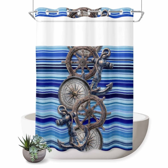 No Hook Shower Curtain, Vintage Anchor Nautical Shower Curtains for Bathroom with See Through Top Window, Coastal Blue Striped Waterproof & Washable Bath Curtain Stall 48"x72"