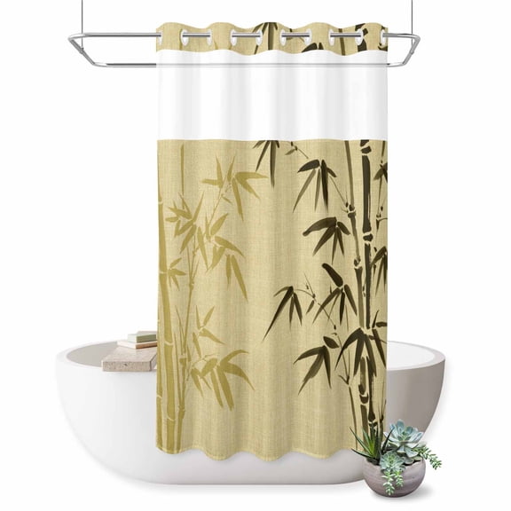 No Hook Shower Curtain, Vintage Bamboos Shower Curtains for Bathroom with See Through Top Window, Ink Painting Retro Art Rustic Waterproof & Washable Bath Curtain Stand Up Stall 36"x72"
