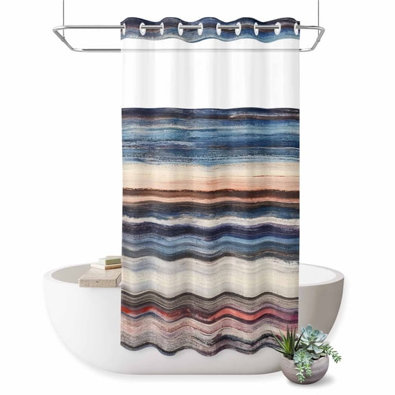 No Hook Shower Curtain, Vintage Blue Brown Striped Shower Curtains for Bathroom with See Through Top Window, Farmhouse Stripes Abstract Art Waterproof & Washable Bath Curtain Small Stall 36"x78"