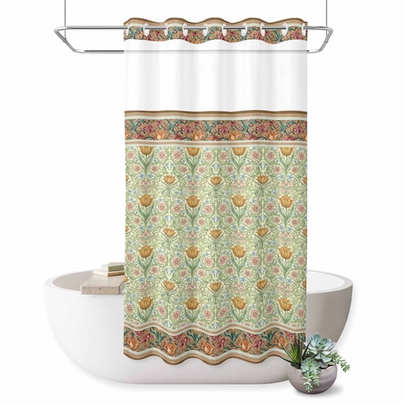 No Hook Shower Curtain, Vintage Boho Floral Shower Curtains for Bathroom with See Through Top Window, Ethnic Tribe Abstract Art Flowers Waterproof & Washable Bath Curtain Stand Up Stall 36"x72"