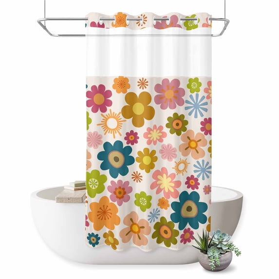 No Hook Shower Curtain, Vintage Boho Floral Shower Curtains for Bathroom with See Through Top Window, Yellow Pink Floral Bohemia Beige Waterproof & Washable Bath Curtain Stand Up Stall 36"x72"