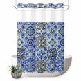 thumbnail image 1 of No Hook Shower Curtain, Vintage Boho Shower Curtains for Bathroom with See Through Top Window, Middle Century Bohemia Style Patchwork Blue Waterproof & Washable Bath Curtain Stall 48"x72", 1 of 9