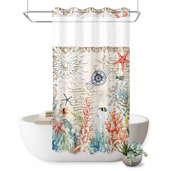 No Hook Shower Curtain, Vintage Coastal Shower Curtains for Bathroom with See Through Top Window, Summer Beach Coral Starfish Nautical Waterproof & Washable Bath Curtain Stand Up Stall 36"x72"
