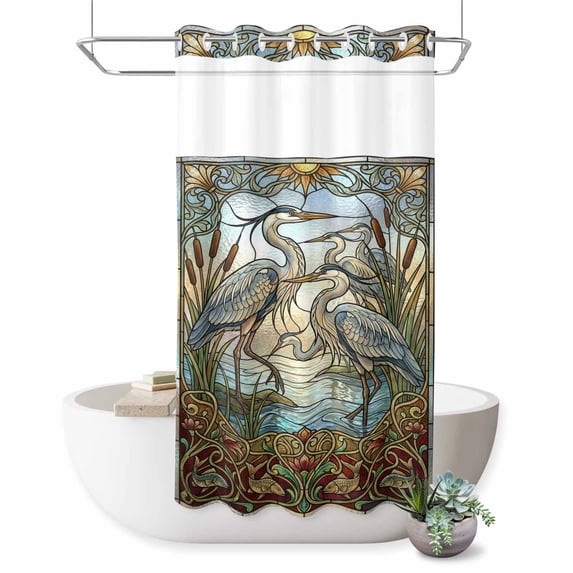 No Hook Shower Curtain, Vintage Cranes Shower Curtains for Bathroom with See Through Top Window, Country Retro Chic Glass Flower Textured Waterproof & Washable Bath Curtain Small Stall 36"x78"