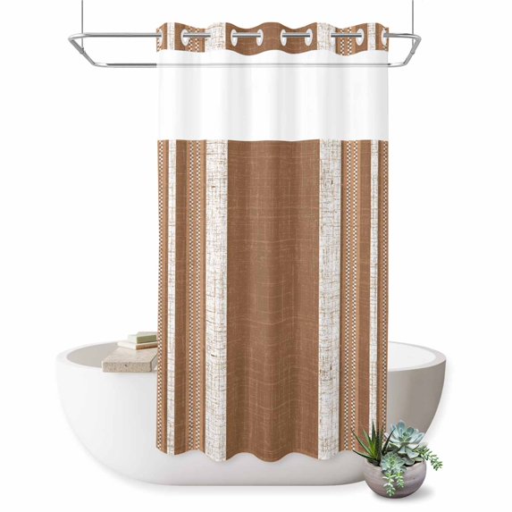 No Hook Shower Curtain, Vintage Dark Brown Striped Shower Curtains for Bathroom with See Through Top Window, Farmhouse Modern Stripes Boho Waterproof & Washable Bath Curtain Small Stall 36"x78"