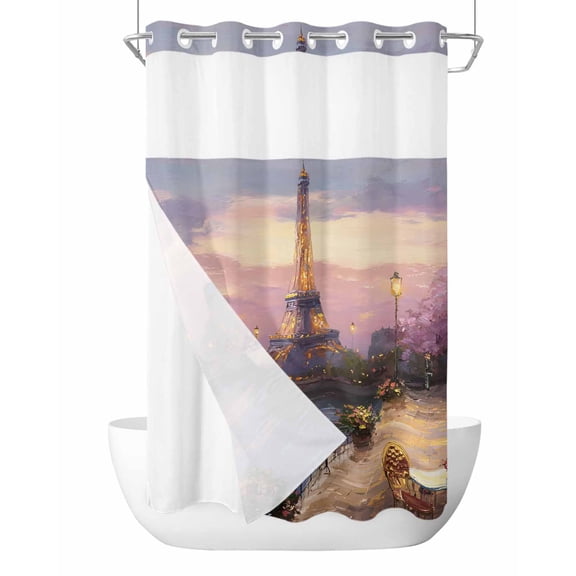 No Hook Shower Curtain, Vintage Eiffel Tower Small Shower Curtains with Snap in Liner, Purple Sunset River French Cityscape Waterproof Washable Fabric Bathroom Curtain Set, 36" x 72"