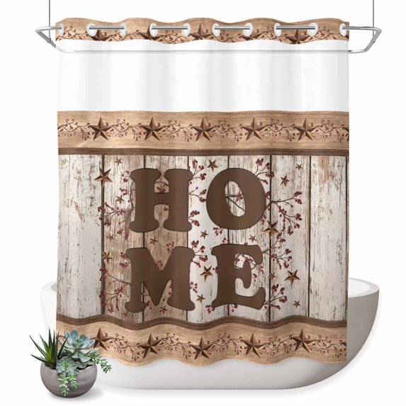 No Hook Shower Curtain, Vintage Farmhouse Shower Curtains for Bathroom with See Through Top Window, Retro Home Text Country Star Wooden Waterproof & Washable Bath Curtain Long 72"x78"