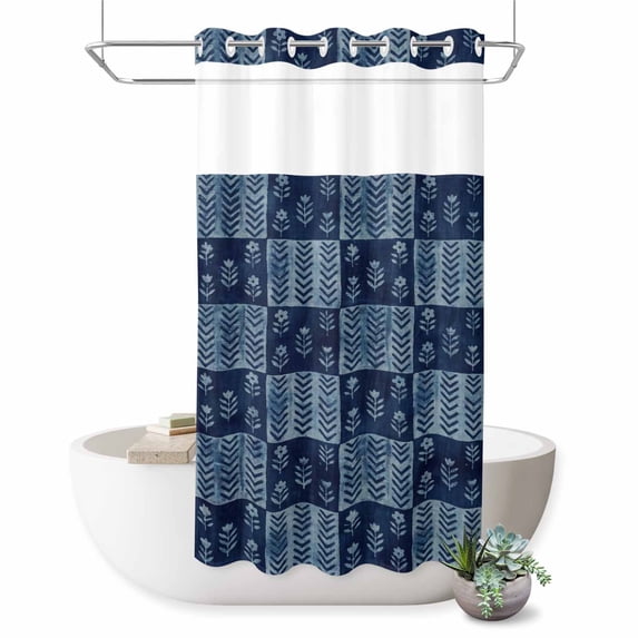 No Hook Shower Curtain, Vintage Floral Shower Curtains for Bathroom with See Through Top Window, Abstract Flowers Patchwork Country Navy Blue Waterproof & Washable Bath Curtain Stand Up Stall 36"x72"