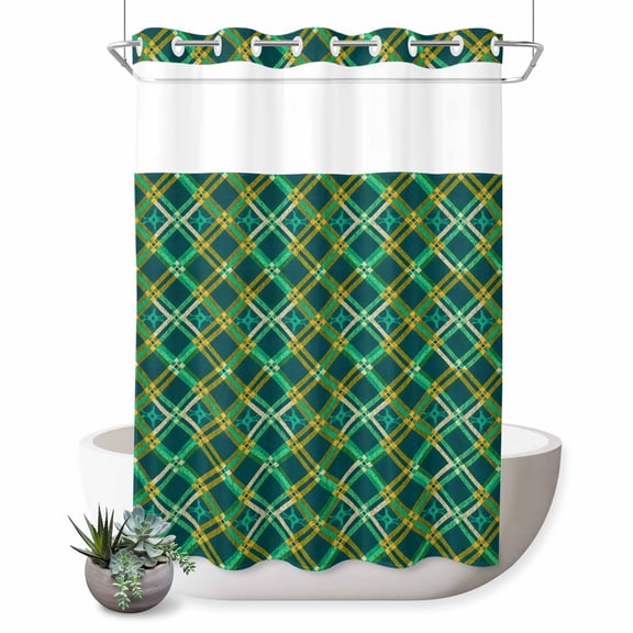 No Hook Shower Curtain, Vintage Green Check Shower Curtains for Bathroom with See Through Top Window, Geometric Tartan Plaid Ethnic Waterproof & Washable Bath Curtain 60"x72"