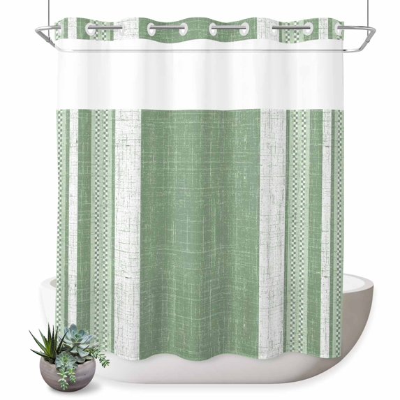 No Hook Shower Curtain, Vintage Green Striped Shower Curtains for Bathroom with See Through Top Window, Farmhouse Modern Stripes Boho Texture Waterproof & Washable Bath Curtain Standard 72"x72"