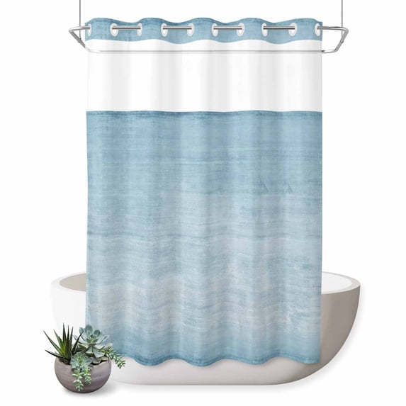 No Hook Shower Curtain, Vintage Light Blue Shower Curtains for Bathroom with See Through Top Window, Modern Abstract Retro Art Waterproof & Washable Bath Curtain Stall 48"x72"