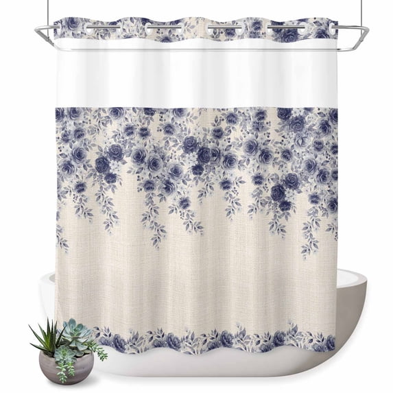 No Hook Shower Curtain, Vintage Navy Blue Roses Shower Curtains for Bathroom with See Through Top Window, Spring Floral Elegant Pastoral Retro Art Waterproof & Washable Bath Curtain Standard 72"x72"