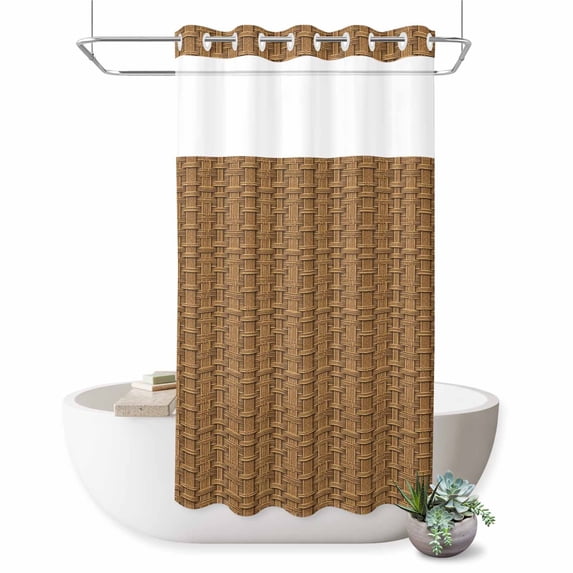No Hook Shower Curtain, Vintage Rattan Shower Curtains for Bathroom with See Through Top Window, Minimalist Abstract Wicker Texture Brown Waterproof & Washable Bath Curtain Stand Up Stall 36"x72"
