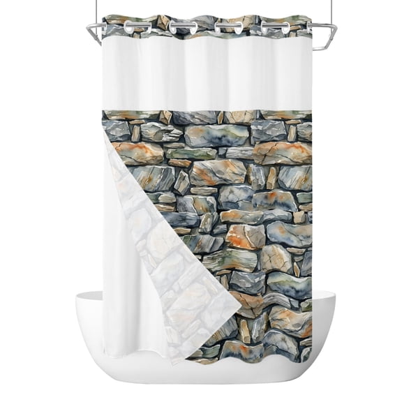 No Hook Shower Curtain, Vintage Stone Wall Small Shower Curtains with Snap in Liner, Farmhouse Abstract Art Brown Waterproof Washable Fabric Bathroom Curtain Set, 36" x 72"