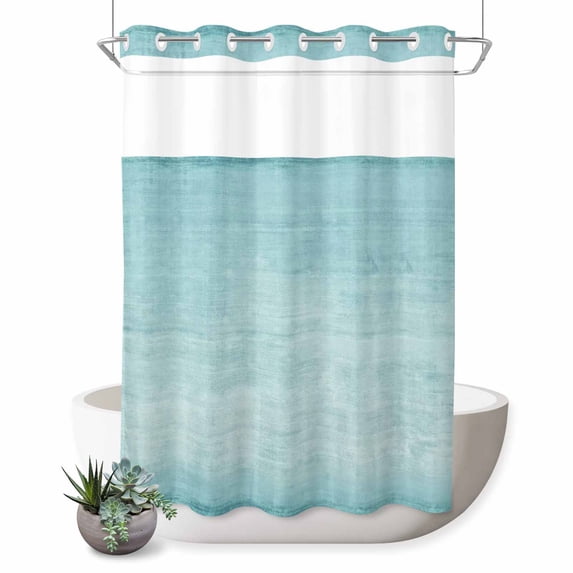 No Hook Shower Curtain, Vintage Teal Shower Curtains for Bathroom with See Through Top Window, Modern Abstract Retro Art Waterproof & Washable Bath Curtain 60"x72"