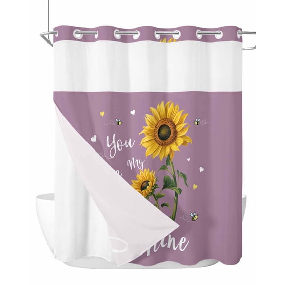 No Hook Shower Curtain, Violet Sunshine Sunflower Standard Shower Curtain with Snap in Liner, Pastoral Bees Farmhouse Floral Waterproof Washable Fabric Bathroom Curtains Sets, 72" x 72"