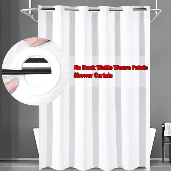 No Hook Waffle Weave Fabric Shower Curtain for Bathroom, DawnJoanHD White Polyester Shower Curtain with Built-in Rings, 72" x 74"