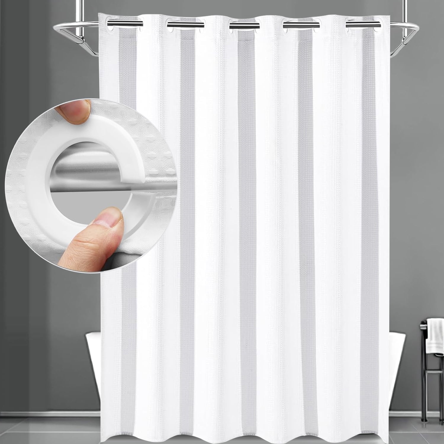 Waffle Weave Shower Curtains, No Hook Shower Curtains for Bathroom, DawnJoanHD White Polyester Fabric Shower Curtain with Built-in Rings, 72" x 74"