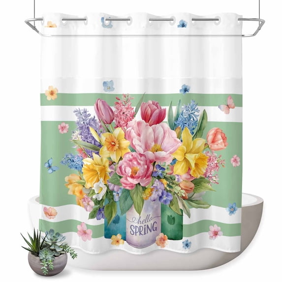 No Hook Shower Curtain, Watercolor Floral Shower Curtains for Bathroom with See Through Top Window, Spring Flowers Butterflies Leaves Green Waterproof & Washable Bath Curtain Long 72"x78"