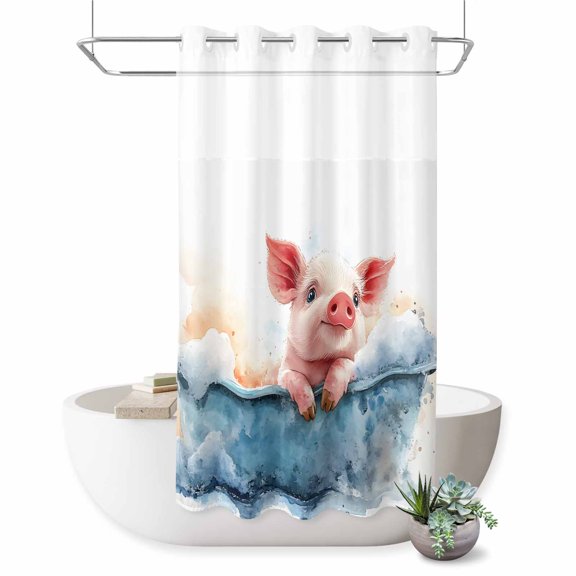 No Hook Shower Curtain, Watercolor Pig Shower Curtains for Bathroom with See Through Top Window, Pig in Bathtub Modern Art Blue Splashing Waterproof & Washable Bath Curtain Small Stall 36"x78"