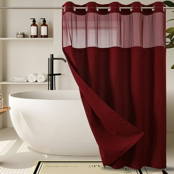 No Hook Shower Curtain with Wave Weave Design, Built-in Liner Replacement 230GSM Waterproof Fabric, Hotel Quality Bathroom Set, Ringless Hanging Magnetic Weights, Standard Size Mesh Top