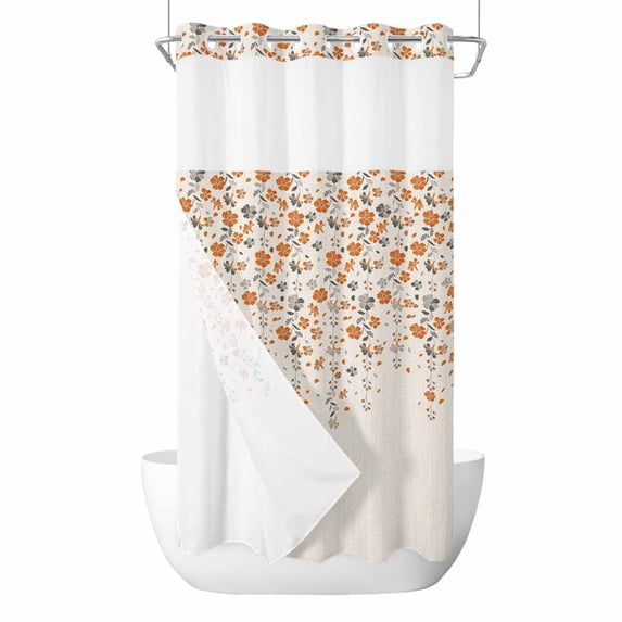 No Hook Shower Curtain, Weeping Flowers Small Shower Curtains with Snap in Liner, Orange Grey Spring Floral Botanical Rustic Burlap Waterproof Washable Fabric Bathroom Curtain Sets, 36"W x 78"L