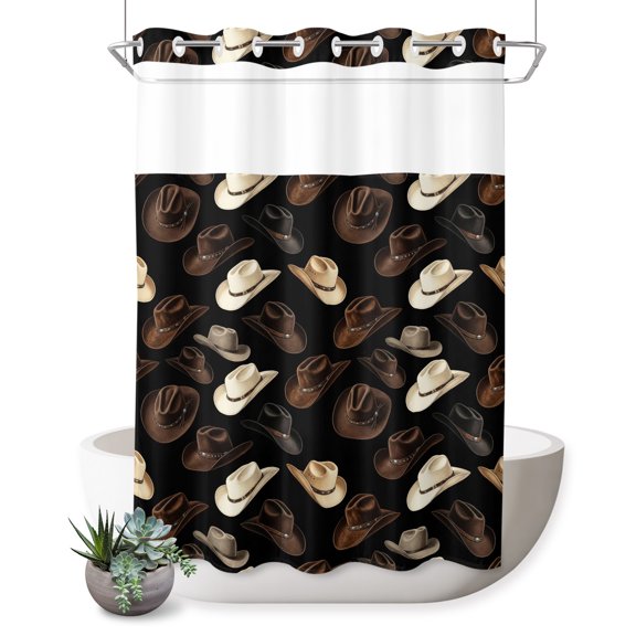No Hook Shower Curtain, Western Cowboy Shower Curtains for Bathroom with See Through Top Window, Farmhouse Vintage Country Brown Beige Waterproof & Washable Bath Curtain Stall 48"x72"