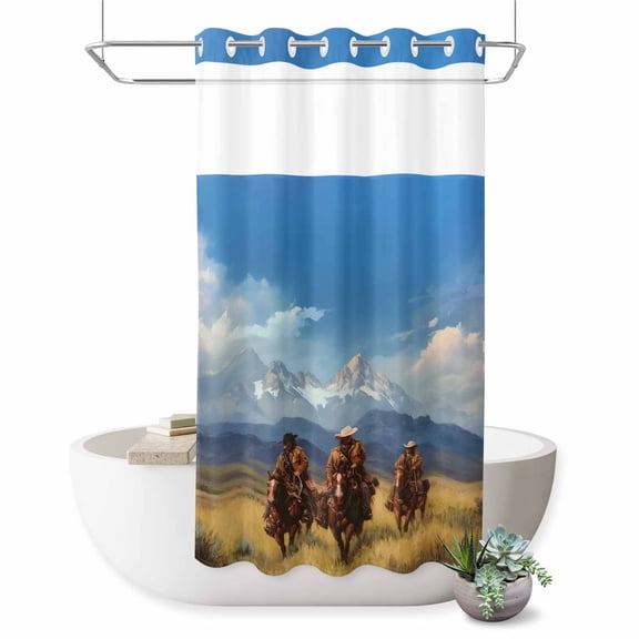 No Hook Shower Curtain, Western Cowboy Shower Curtains for Bathroom with See Through Top Window, Mountain Sky Grass Nature Scenery Waterproof & Washable Bath Curtain Stand Up Stall 36"x72"