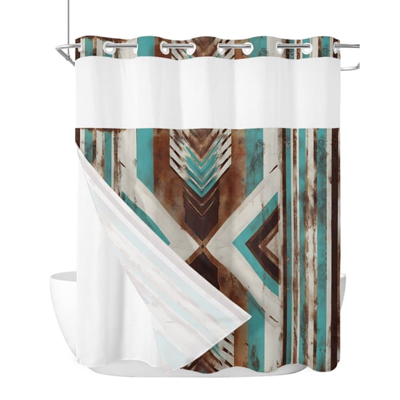 No Hook Shower Curtain, Western Rustic Standard Shower Curtain with Snap in Liner, Aztec Ethnic Tribal Geometric Patterns Waterproof Washable Fabric Bathroom Curtains Set, 72" x 72"