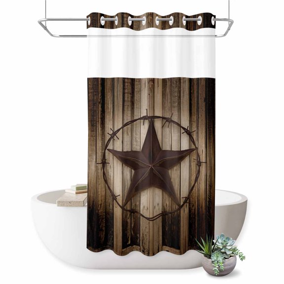 No Hook Shower Curtain, Western Star Retro Shower Curtains for Bathroom with See Through Top Window, Vintage Brown Wood Barn Waterproof & Washable Bath Curtain Stand Up Stall 36"x72"