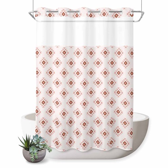 No Hook Shower Curtain, White Boho Geometric Shower Curtains for Bathroom with See Through Top Window, Modern Simple Aztec Ethnic Pattern Waterproof & Washable Bath Curtain 60"x72"