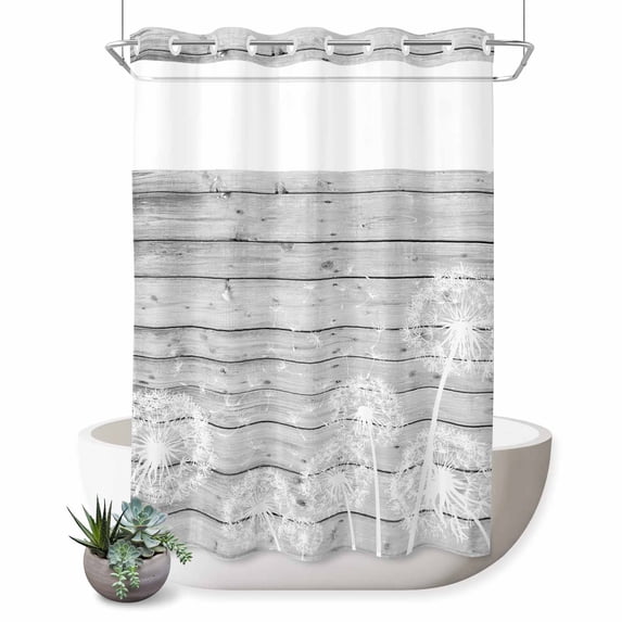 No Hook Shower Curtain, White Dandelion Shower Curtains for Bathroom with See Through Top Window, Spring Flowers Plants Vintage Gray Wood Waterproof & Washable Bath Curtain Stall 48"x72"