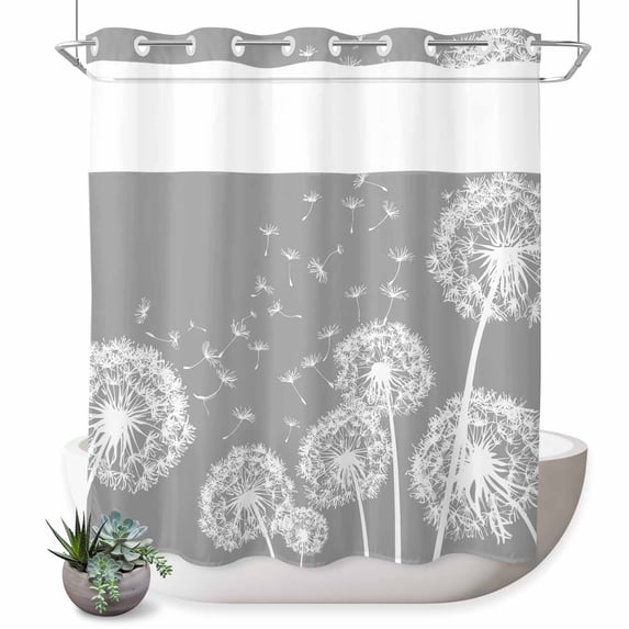 No Hook Shower Curtain, White Dandelion Shower Curtains for Bathroom with See Through Top Window, Spring Plants Flowers Vintage Gray Waterproof & Washable Bath Curtain 66"x72"