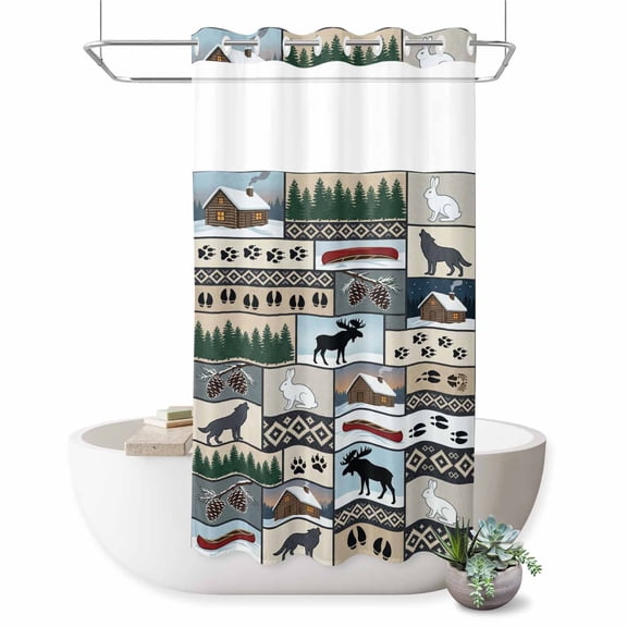 No Hook Shower Curtain Wolf Rabbit Shower Curtain for Bathroom Wild Animals Tree Pine Forest Bath Curtains Waterproof Fabric with See Through Top Window for Spa Hotel 36x72 Inch