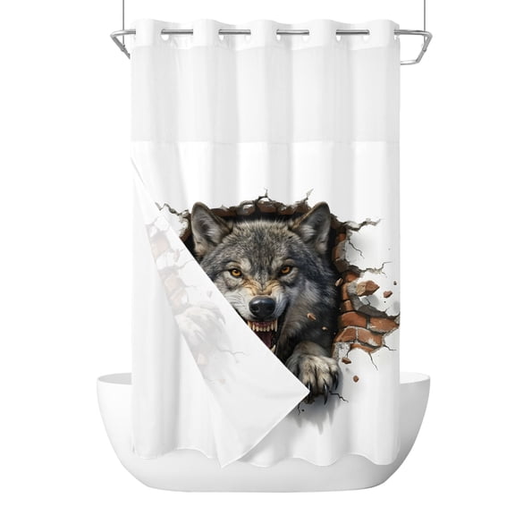 No Hook Shower Curtain, Wolf Small Shower Curtains with Snap in Liner, Animal Broken Wall Dynamic Angry Expression Waterproof Washable Fabric Bathroom Curtain Set, 36" x 72"