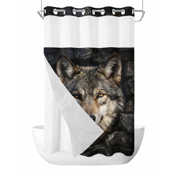 No Hook Shower Curtain, Wolf Small Shower Curtains with Snap in Liner, Mysterious Black Dark Stones Gray Brown Waterproof Washable Fabric Bathroom Curtain Set, 36" x 72"
