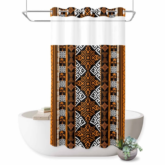 No Hook Shower Curtain, Yellow Beige Boho Shower Curtains for Bathroom with See Through Top Window, Geometric Vintage Abstract Art Ethnic Waterproof & Washable Bath Curtain Stand Up Stall 36"x72"