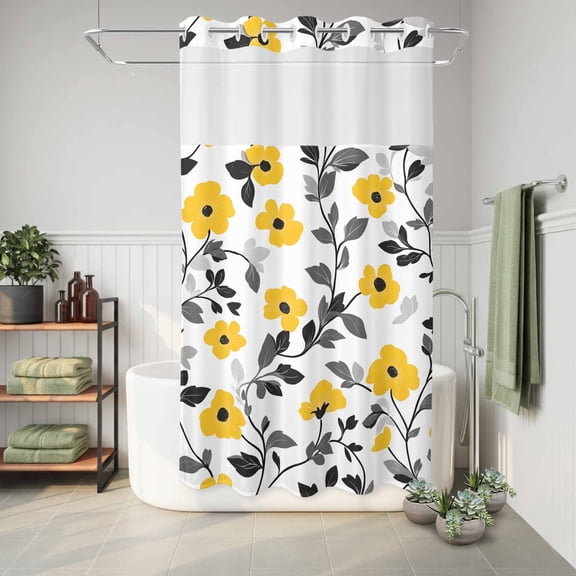No Hook Shower Curtain Yellow Floral Waterproof Fabric Shower Curtain Farmhouse Spring Flower Hotel Style Bathroom Curtain with See Through Top Window Machine Washable 36x72in