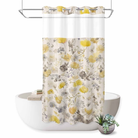 No Hook Shower Curtain, Yellow Grey Botanical Shower Curtains for Bathroom with See Through Top Window, Spring Floral Watercolor Rustic Waterproof & Washable Bath Curtain Narrow 54"x78"