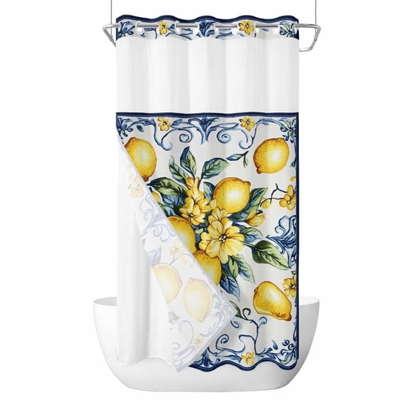 No Hook Shower Curtain, Yellow Lemon Small Shower Curtains with Snap in Liner, Middle Century Blue Italian Textured Waterproof Washable Fabric Bathroom Curtain Sets, 36"W x 78"L