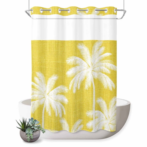 No Hook Shower Curtain, Yellow Palm Tree Shower Curtains for Bathroom with See Through Top Window, Summer Botancial Tropical Farmhouse Waterproof & Washable Bath Curtain Stall 48"x72"