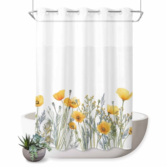 No Hook Shower Curtain, Yellow Spring Floral Shower Curtains for Bathroom with See Through Top Window, Watercolor Summer Botanical Waterproof & Washable Bath Curtain 60"x72"