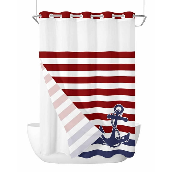 No Hook Shower Curtains, Anchor Red Stall Bathroom Curtain with Snap in Liner, Modern Navy Blue White Striped Nautical Waterproof Washable Fabric Bathroom Shower Curtain Sets, 48" x 72"