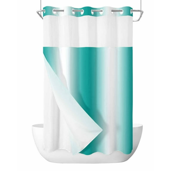 No Hook Shower Curtains, Aqua White Ombre Small Shower Curtains with Snap in Liner, Gradient Abstract Minimalist Aesthetic Waterproof Washable Fabric Bathroom Shower Curtain Sets, 36" x 78"
