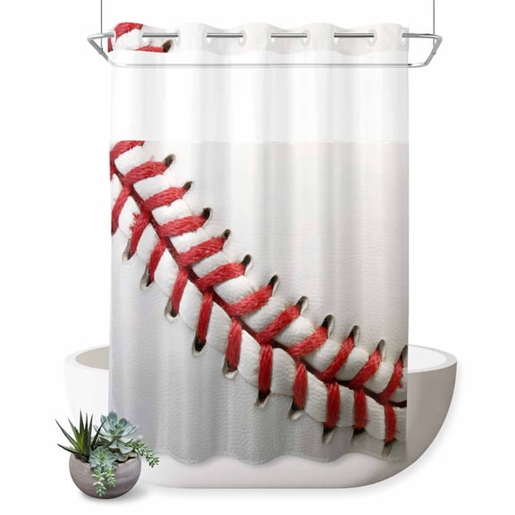 No Hook Shower Curtains for Bathroom Baseball Waterproof Fabric Shower Curtain Restroom Decor Red White Texture Sports Ball Minimalist Bathtub Bath Curtains with See Through Top Window 60x72 Inch