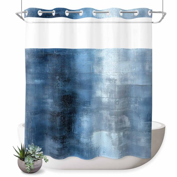 No Hook Shower Curtains for Bathroom Blue Waterproof Fabric Shower Curtain Decorative Vintage Modern Ombre Oil Painted Abstract Bath Tub Bath Curtains with See Through Mesh Top Window 72x72 Inch