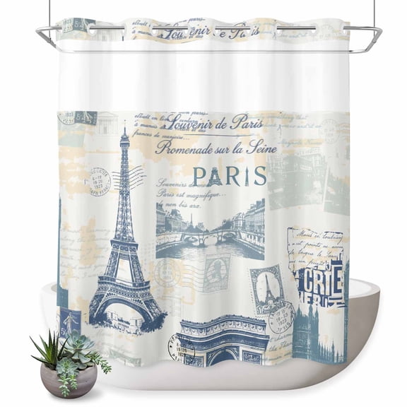 No Hook Shower Curtains for Bathroom Eiffel Tower Waterproof Fabric Shower Curtain Decorative European Architectural Retro Hand-Painted Bath Tub Bath Curtains with See Through Top Window 72x72 Inch