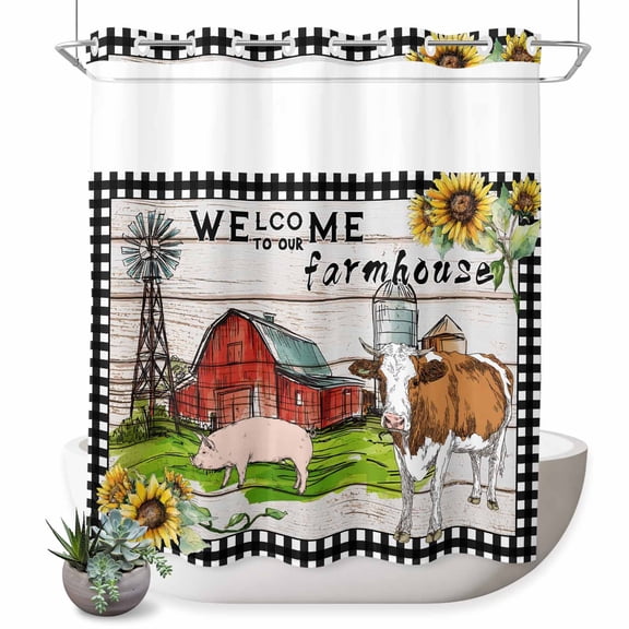 No Hook Shower Curtains for Bathroom Farmhouse Cow Waterproof Fabric Shower Curtain Decorative Country Sunflowers Pig Cabin Barn Wooden Bath Tub Bath Curtains with See Through Top Window 72x72 Inch