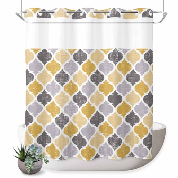 No Hook Shower Curtains for Bathroom Moroccan Waterproof Fabric Shower Curtain Decorative Vintage Moroccan Texture Yellow Grey Bath Tub Bath Curtains with See Through Mesh Top Window 72x72 Inch
